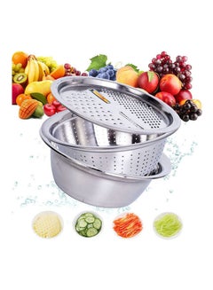 Buy New Multifunctional Stainless Steel Basin With Grater 3 In 1 Vegetable Cutter Julienne Grater With Drain Basket Vegetable Fruits Washing Bowl Strainer Set Silver 26cm in Egypt