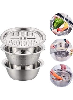 Buy Stainless Steel Colander Strainer And Kitchen Serving Bowl Set,3Pcs Multifunctional Basin Set For Salad Fruit Vegetable Rice Washing Draining Bracket Drain Basin Grater Basin Kitchen Tools silver in Egypt