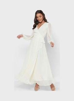 اشتري Sheer Sleeve Wide Waistband Pleated Detail Dress White في الامارات