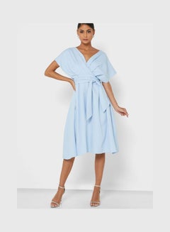 Buy Off Shoulder Flared Dress Blue in UAE