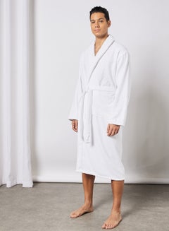 Buy Luxury Bathrobe - 350 GSM 100% Cotton Velvet Feel - Ultra Soft - Shawl Collar & Pocket - White Color - 1 Piece White S/M in Saudi Arabia