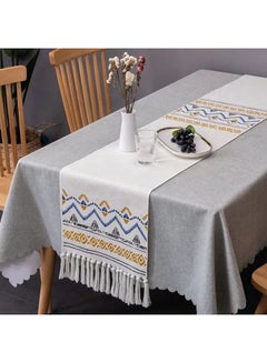 Buy Printed Cotton Woven Coffee Dining Table Runner Off White/Blue/Yellow 34x230cm in UAE