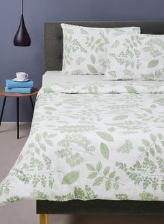 اشتري Duvet Cover Set- With 1 Duvet Cover 160X200 Cm And 2 Pillow Cover 50X75 Cm - For Double Size Mattress - White/Green 100% Cotton 180 Thread Count White/Green Double في السعودية
