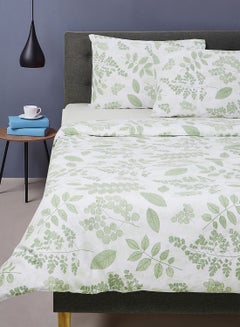 اشتري Duvet Cover Set- With 1 Duvet Cover 200X200 Cm And 2 Pillow Cover 50X75 Cm - For Queen Size Mattress - White/Green 100% Cotton 180 Thread Count White/Light Green Queen في الامارات