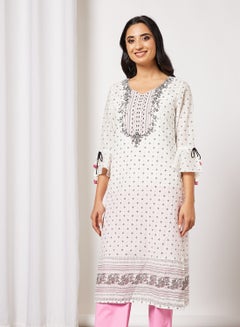 Buy All-Over Floral Print Kurta Off-White in Saudi Arabia