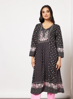 Buy Floral Print Kurta Black in Saudi Arabia