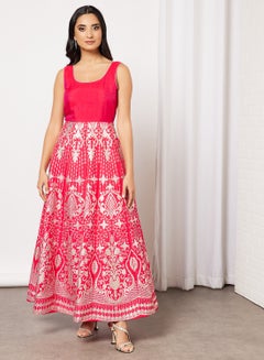Buy Printed Flared Maxi Dress Pink in UAE