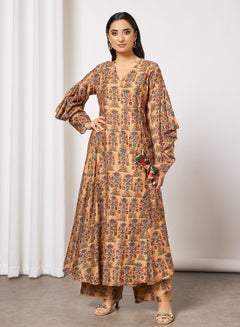 Buy Printed Angrakha Kurta and Palazzo Set Beige in Saudi Arabia