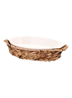 Buy 2-Piece Porcelain Oval Dish With Rattan Basket White/Beige 32cm in Saudi Arabia