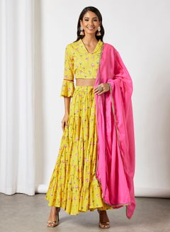 Buy Floral Print 3-Piece Lehenga Set Yellow/Pink in UAE