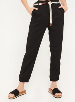 Buy High Waisted Canvas Belted Joggers Black in Saudi Arabia