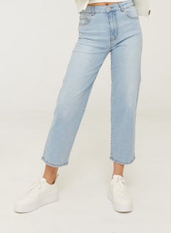 Buy High Waist Semi Cropped Wide Leg Jeans Light Blue in UAE