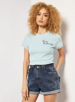 Buy Embroidered Slogan Crop Top Blue in Saudi Arabia