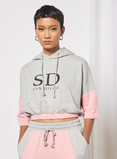 Buy Cropped Colorblock Slogan Hoodie Grey/Pink in Saudi Arabia