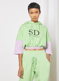 Buy Cropped Colorblock Slogan Hoodie Green/Purple in Saudi Arabia