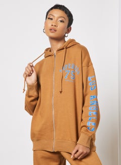 Buy Slogan Zip-Up Hoodie Brown in UAE