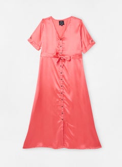 Buy Plain V Neck Polyester Maxi Dress For Women Pink in Saudi Arabia