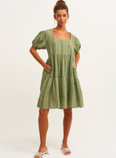 اشتري Cotton Puff Sleeve Mini Dress Green في السعودية