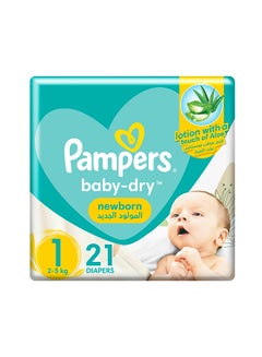 Buy Baby Dry Diapers, Newborn, Size 1, 2 - 5 Kg, 21 Count - Touch Of Aloe Vera Lotion in UAE