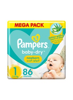 Buy Baby Dry Diapers, Newborn, Size 1, 2 - 5 Kg, 86 Count - Mega Pack, Touch Of Aloe Vera Lotion in Saudi Arabia