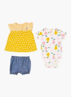 Buy Baby Girl 3-Piece Top Bottom And Romper Combo Set Yellow/ White in UAE