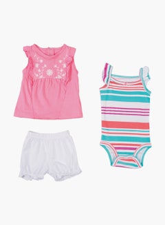 Buy Baby Girl 3-Piece Top Bottom And Romper Combo Set Medium Pink/ White in UAE