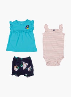 Buy Baby Girl 3-Piece Top Bottom And Romper Combo Set Skyblue/White in UAE