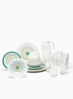 Buy 23 Piece Glass Dinner Set And Drinkware Set Combo For Everyday Use - Light Weight Dishes, Plates - Dinner Plate, Side Plate, Bowl, Glasses And Jug - Serves 4 - Printed Design Xenia/Quadland Xenia/Quadland 1.6Liters in UAE
