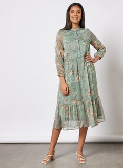 Buy Floral Print Tiered Dress Green in Saudi Arabia