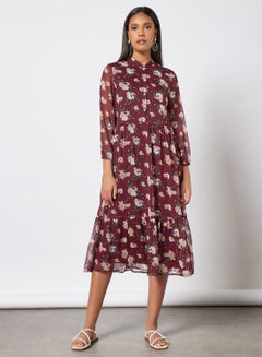 Buy Floral Print Tiered Dress Brown in Saudi Arabia