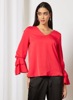 Buy Women's Plain Basic Design Casual V-neck Puff Sleeve Top Red in Saudi Arabia