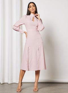 Buy High Neck Front Cut Out Puff Sleeve Long Dress Pink in UAE