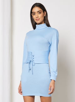 Buy Hign Neck Front Waist Ruched  Drawstring Dress Light Blue in UAE