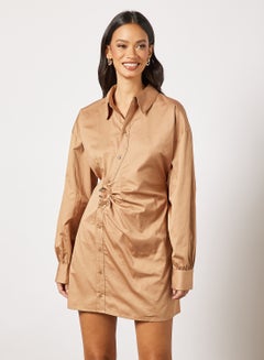 Buy Long Sleeve Shirt Dress Brown in UAE