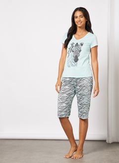 Buy Women's Print Top And Bottom Pyjama Set Light Blue/Black in UAE