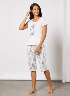 Buy Women's Pack Of 2 Print Top And Bottom Pyjama Set WhIte in UAE