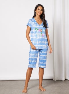 Buy Women's Pack Of 2 Print Top And Bottom Pyjama Set Blue/WhIte Stripe in UAE