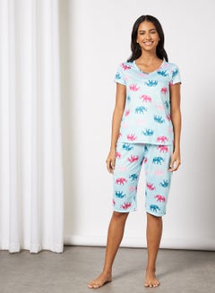 Buy Women's Pack Of 2 Top And Bottom Pyjama Set Light Blue Print in UAE