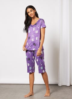 Buy Women's Pack Of 2 Top And Bottom Pyjama Set Dark Purple Print in Saudi Arabia