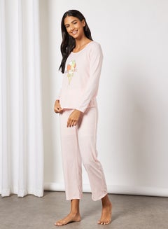 Buy Women's Pack Of 2 Long Sleeve Print Top And Bottom Pyjama Set Pink in UAE