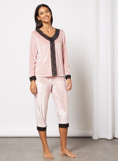 Buy Women's Pack Of 2 Velvet Top And Bottom Pyjama Set Light Pink/Black in Saudi Arabia