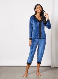 Buy Women's Pack Of 2 Velvet Top And Bottom Pyjama Set Blue / Black in UAE