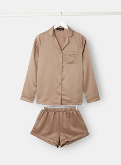 Buy Satin Loungewear Top and Shorts Brown in UAE