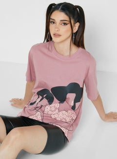 اشتري Oversized Graphic Round Neck Cotton T-Shirt For Women Pink في الامارات