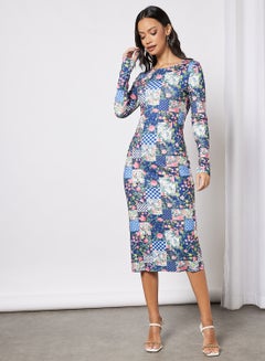 Buy Women's Round Neck Long Sleeve Midi Bodycon Knit Dress Multicolour in Saudi Arabia