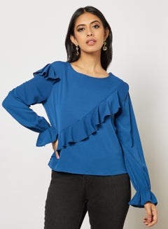 Buy Women's Plain Basic Design Casual Ruffle Sleeve Top Blue in Saudi Arabia