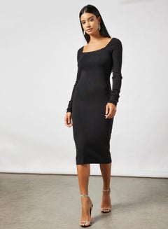 Buy Long Sleeve Midi Dress Black in UAE