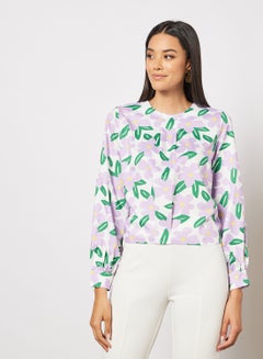 Buy Women's Casual Flower Printed Round Neck Long Sleeve Shirts With Front Pleat Multicolour in UAE