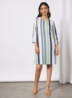 Buy Women's Casual Long Sleeve Knee Length Stripes Dress With Geometric Shapes Multicolour in UAE