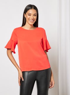 Buy Women's Casual Flared Short Sleeve Polyester Blend Top With Round Neck Plain/Basic Pattern Orange in UAE